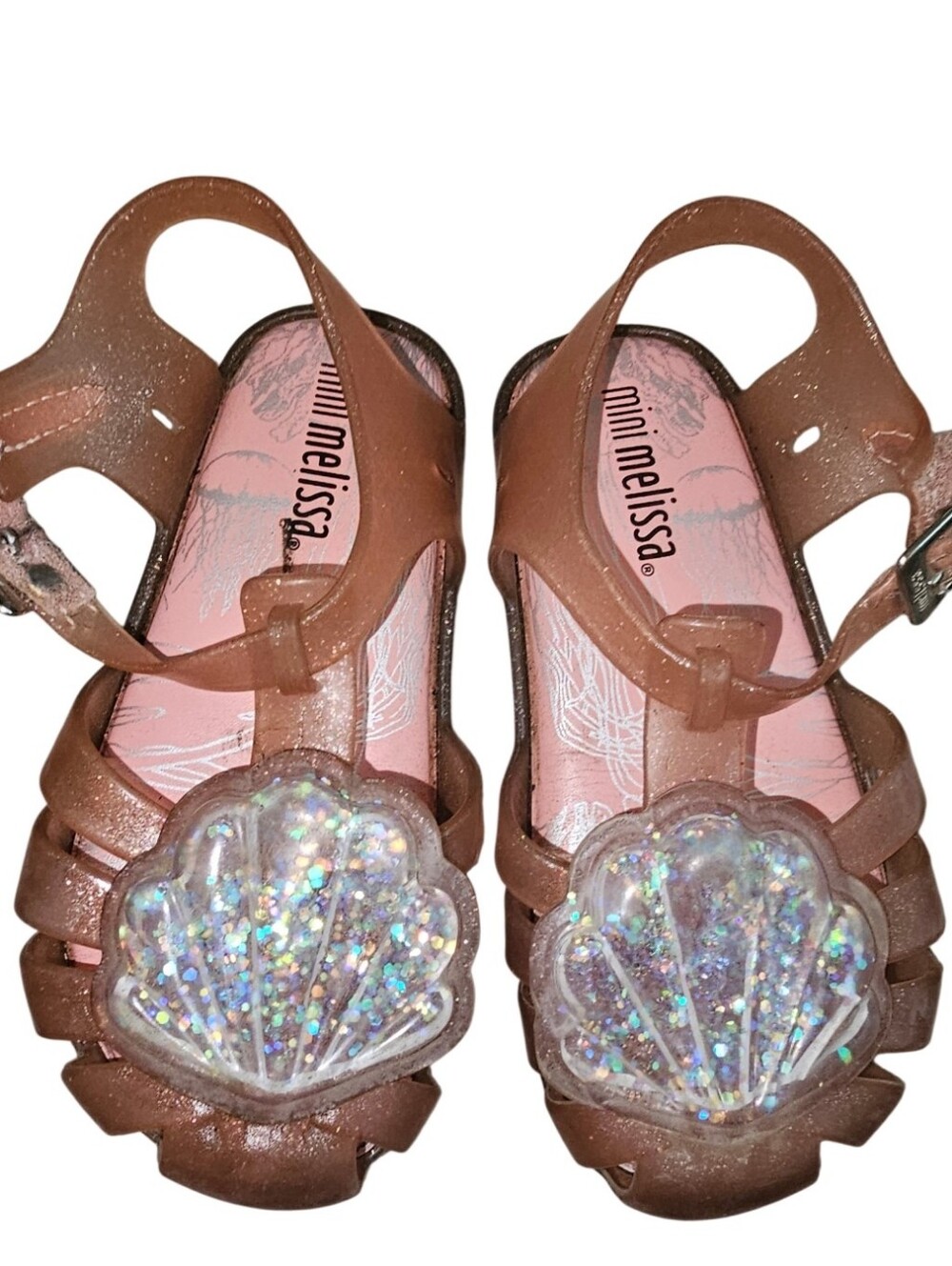 Mini Melissa Rose Gold Jelly Sandals with Sparkling Shell Accent